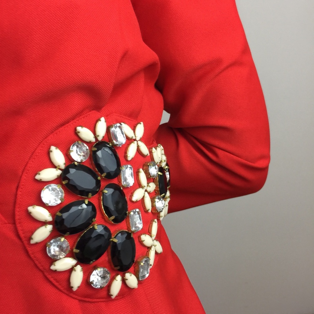 KARTA Red Party Heavy Beaded Gem Mini V-neck Dress - Picture 5 of 8